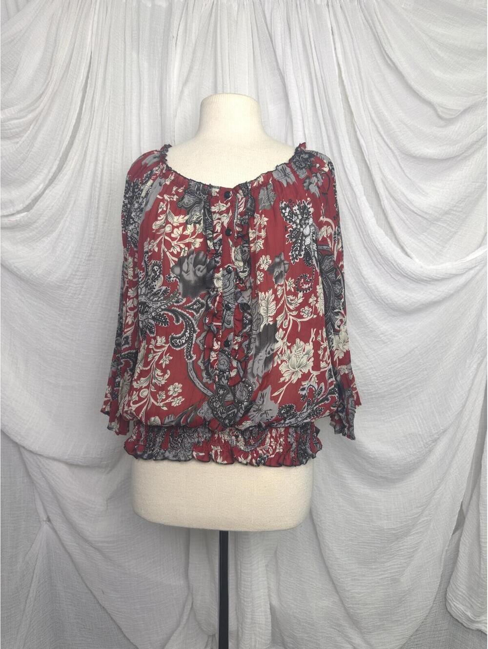 Vintage Red Floral Boho Chiffon Sheer Blouse
